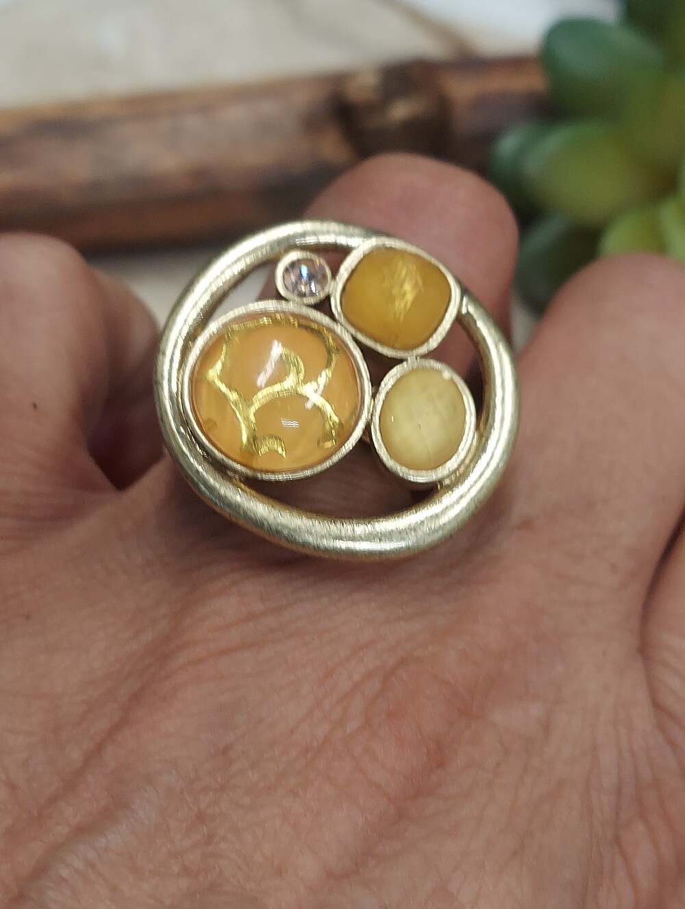 R306 Bohm NY Artisan Cabochon Gold-Tone Mixed Beaded Round Adjustable Ring